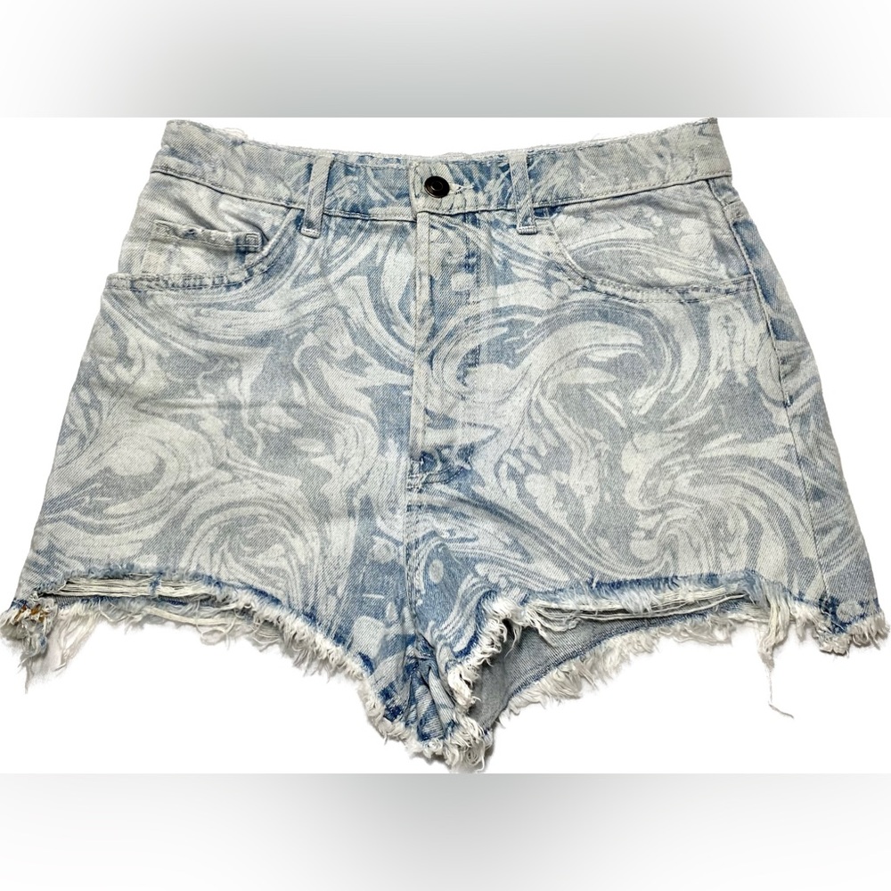 Zara High Waisted Frayed Hem Light Wash Blue Denim Shorts Wave Print Womens